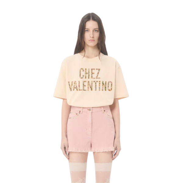 T-shirt VALENTINO col rond coton beige broderie Chez Valentino fleurs