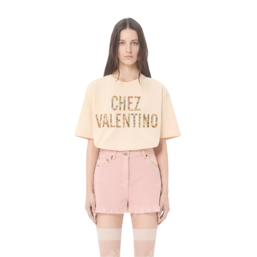 T-shirt VALENTINO col rond coton beige broderie Chez Valentino fleurs