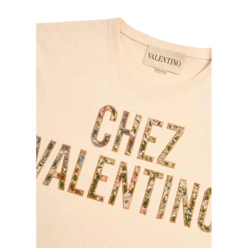 T-shirt VALENTINO col rond coton beige broderie Chez Valentino fleurs