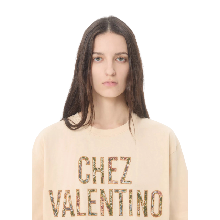 T-shirt VALENTINO col rond coton beige broderie Chez Valentino fleurs