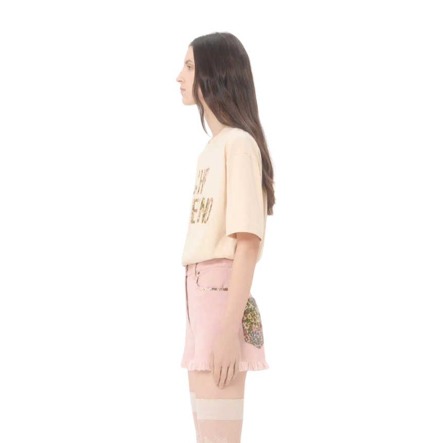 T-shirt VALENTINO col rond coton beige broderie Chez Valentino fleurs