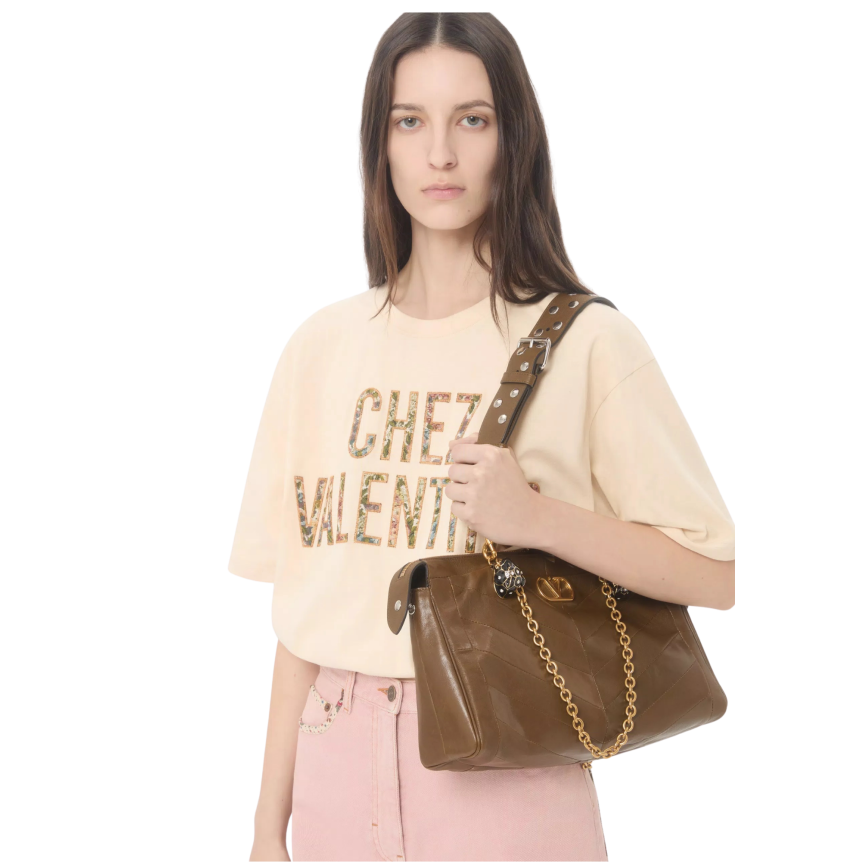 T-shirt VALENTINO col rond coton beige broderie Chez Valentino fleurs