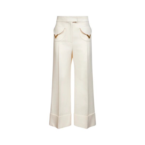 Pantalon VALENTINO large laine vierge soie écru poche V doré