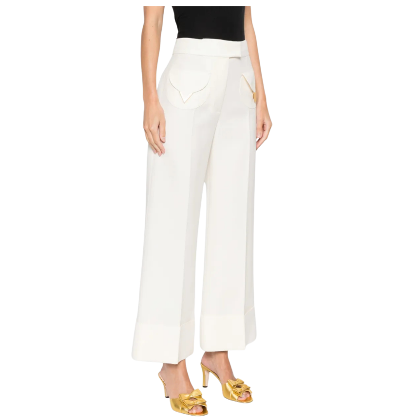 Pantalon VALENTINO large laine vierge soie écru poche V doré