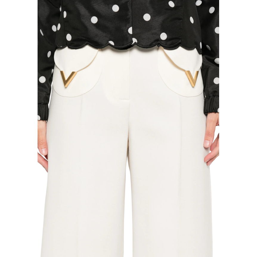 Pantalon VALENTINO large laine vierge soie écru poche V doré