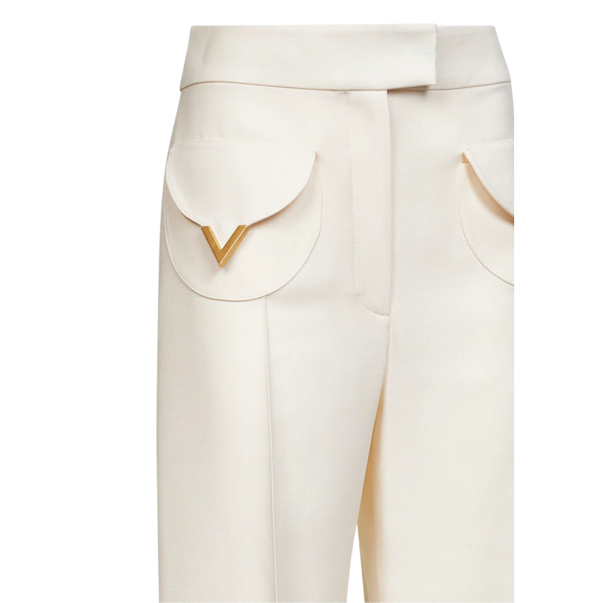 Pantalon VALENTINO large laine vierge soie écru poche V doré