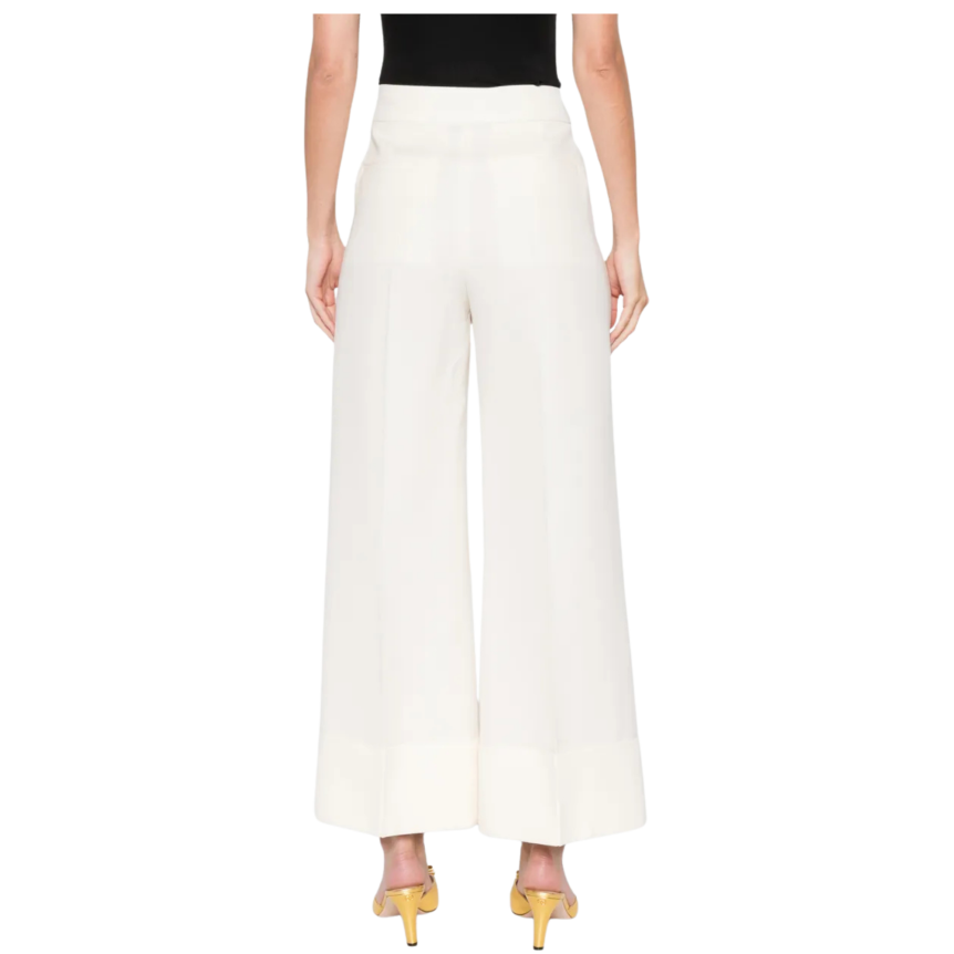 Pantalon VALENTINO large laine vierge soie écru poche V doré