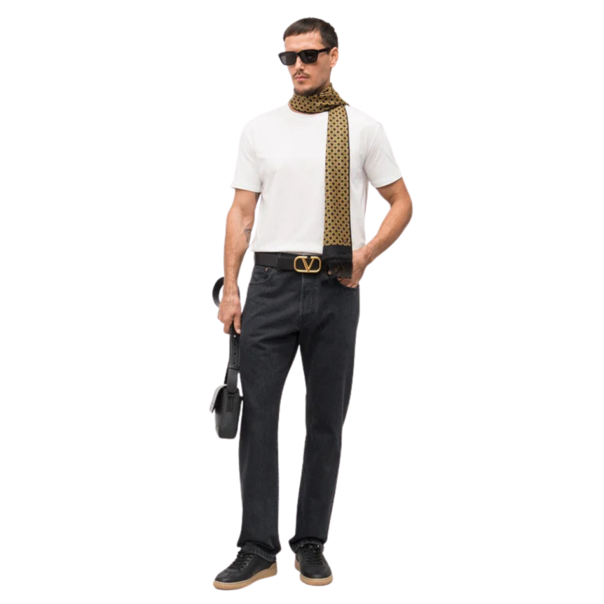 Jean VALENTINO 5 poches coton denim gris foncé écusson logo cuir