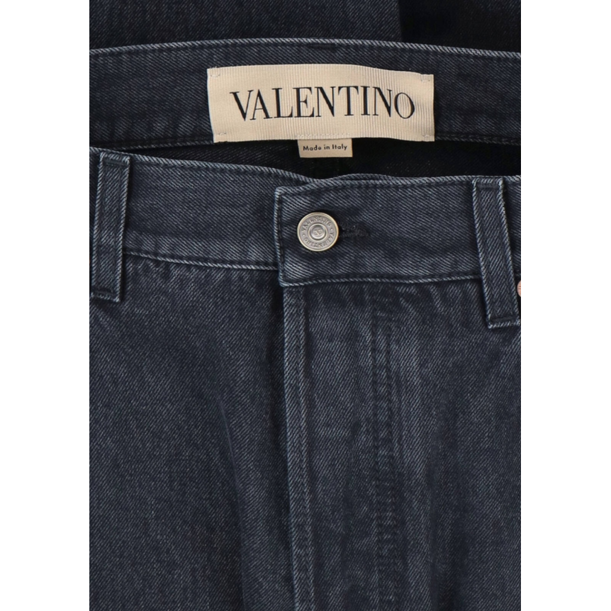 Jean VALENTINO 5 poches coton denim gris foncé écusson logo cuir