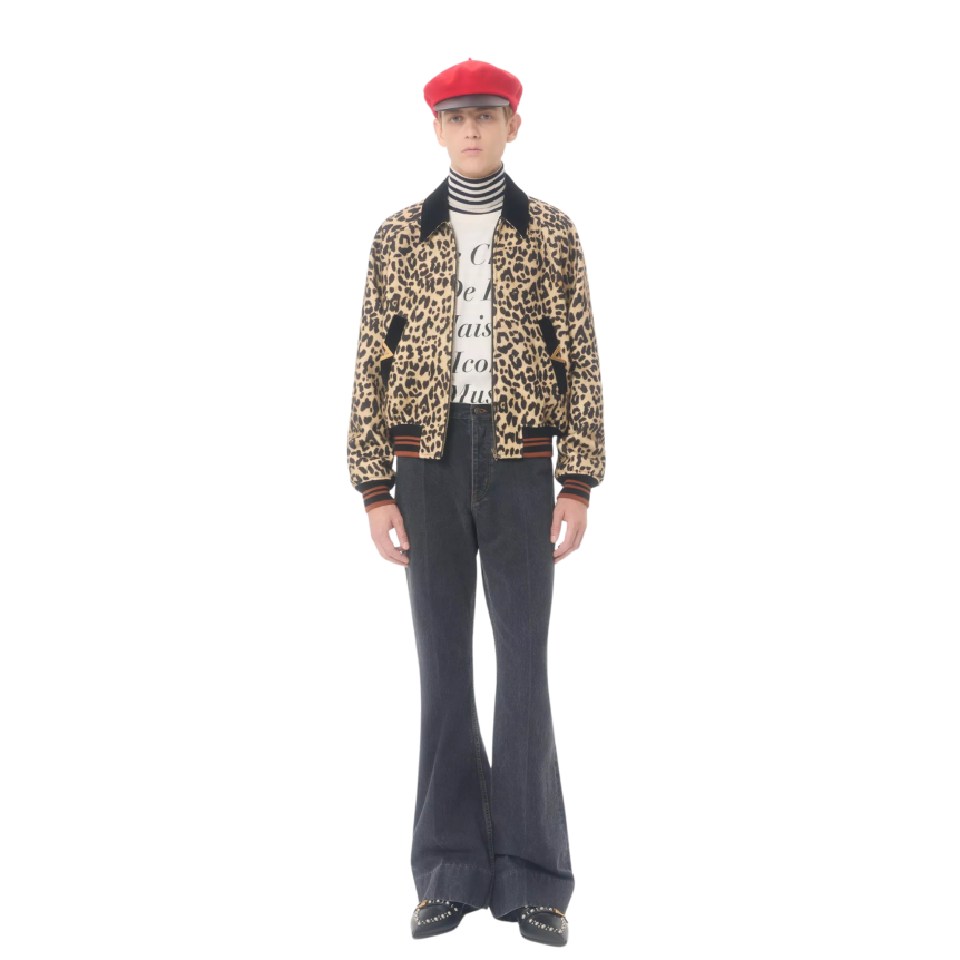 Blouson Bomber drap de laine imprimé panthère V doré col velours