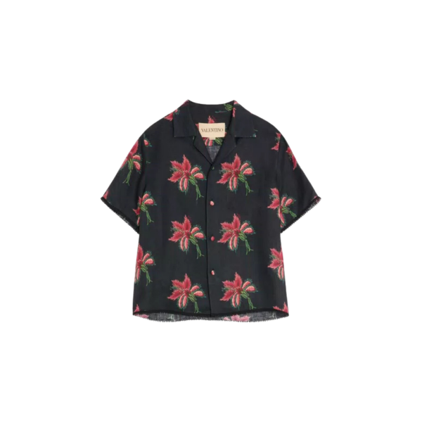Chemise bowling VALENTINO lin noir Hibiscus rouge