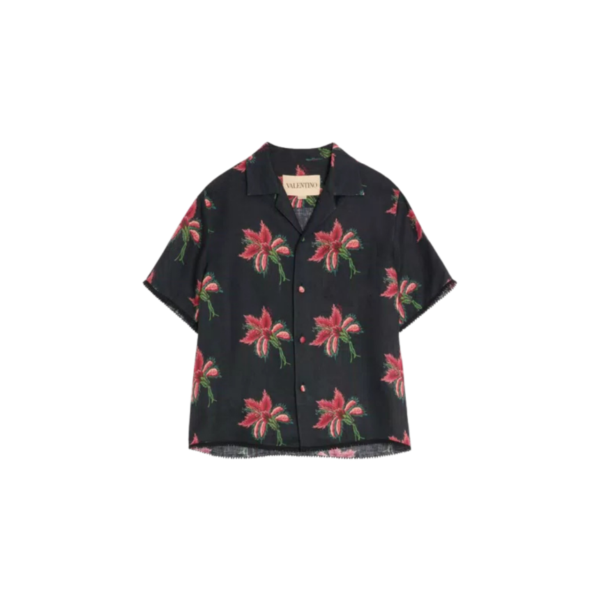 Chemise bowling VALENTINO lin noir Hibiscus rouge