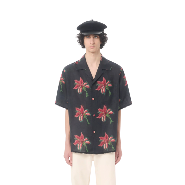 Chemise bowling VALENTINO lin noir Hibiscus rouge