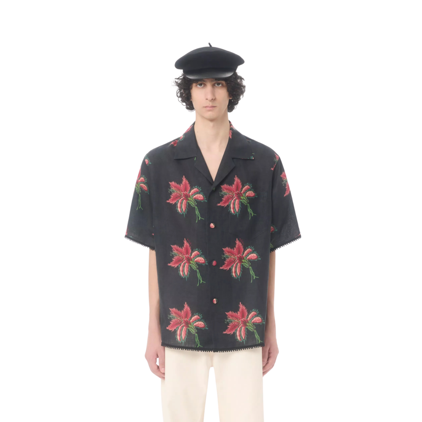 Chemise bowling VALENTINO lin noir Hibiscus rouge