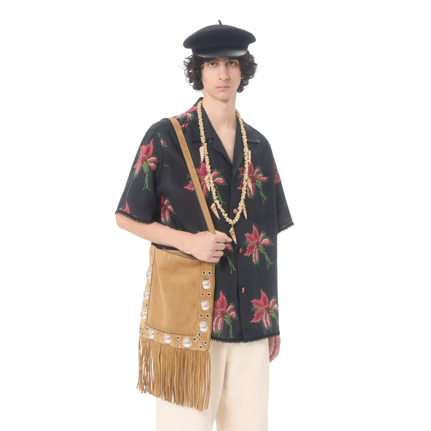 Chemise bowling VALENTINO lin noir Hibiscus rouge