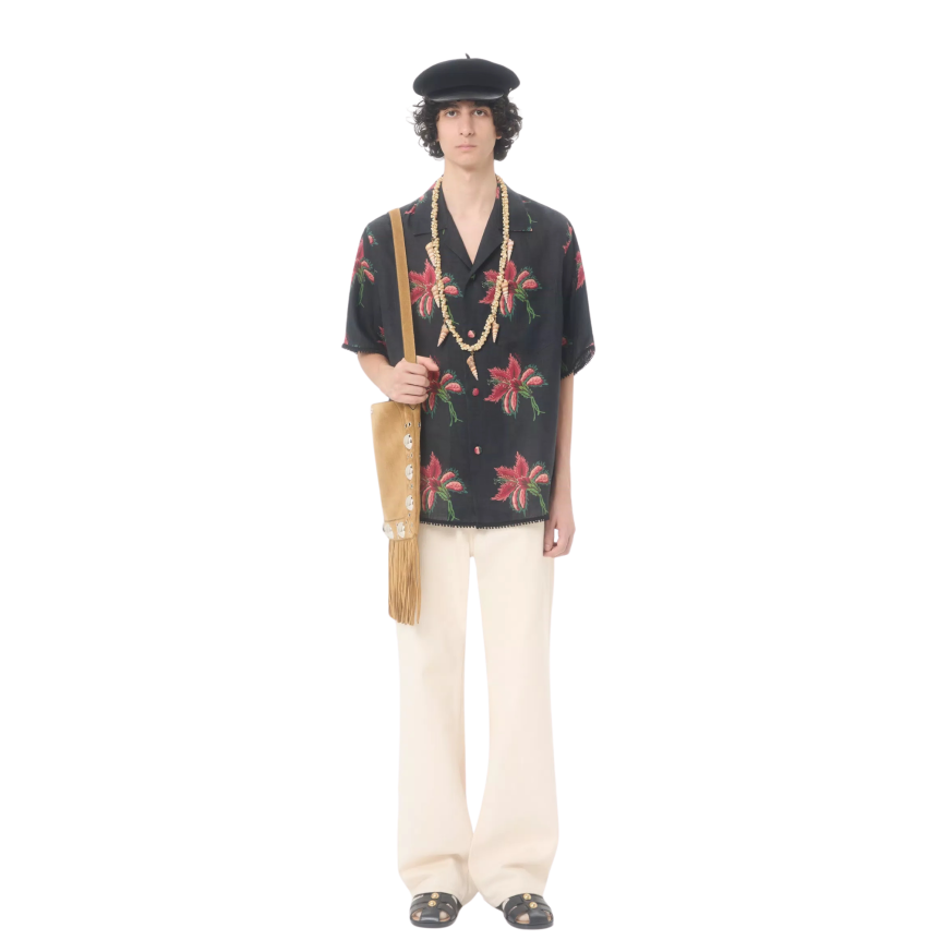 Chemise bowling VALENTINO lin noir Hibiscus rouge