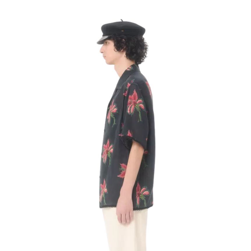 Chemise bowling VALENTINO lin noir Hibiscus rouge