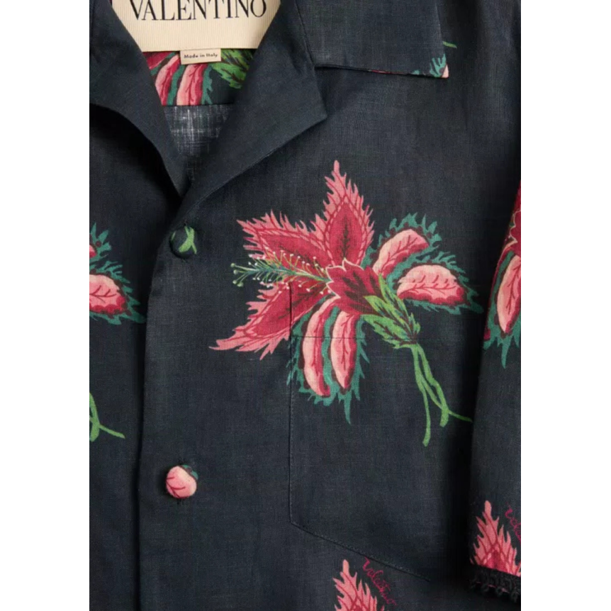 Chemise bowling VALENTINO lin noir Hibiscus rouge