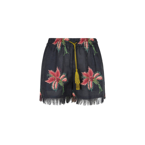 Short VALENTINO  lin noir Hibiscus rouge taille elastique coton pompon