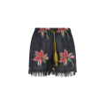 Short lin noir Hibiscus rouge taille elastique coton pompon