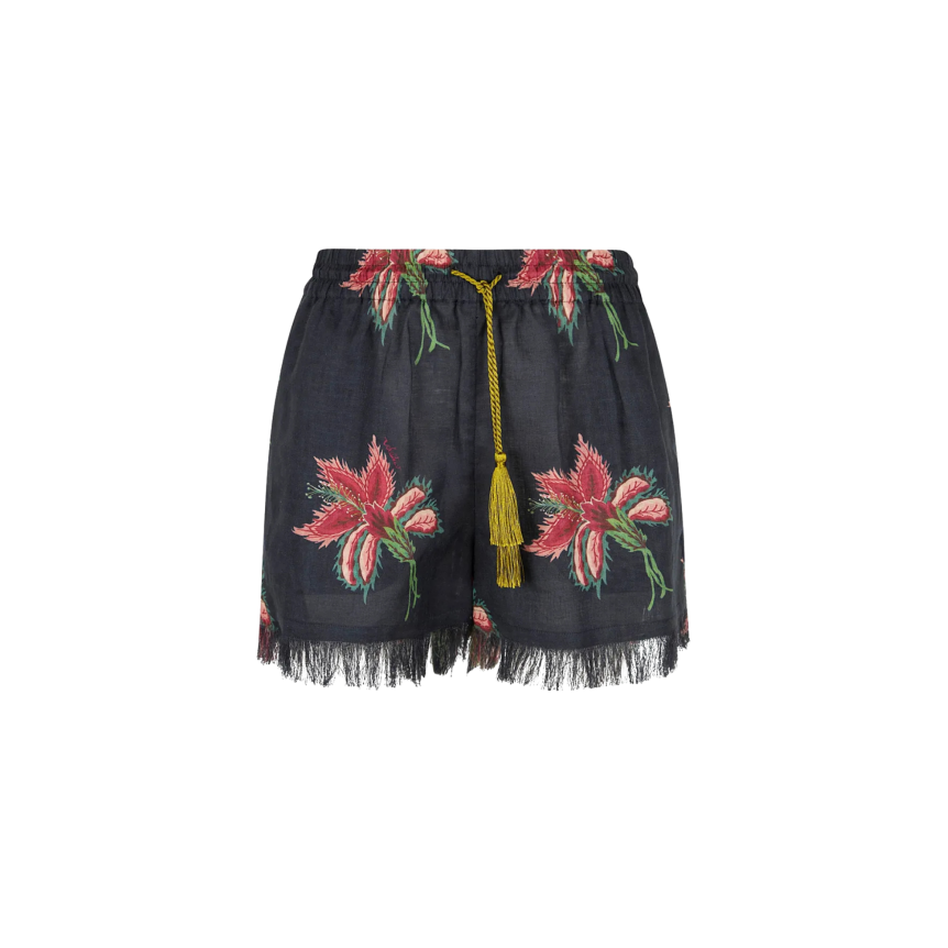 Short VALENTINO  lin noir Hibiscus rouge taille elastique coton pompon