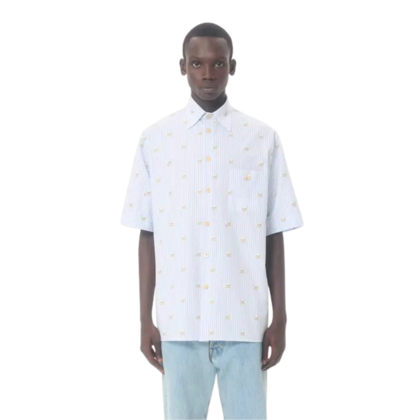 Chemise VALENTINO Oxford coton blanc rayure bleu ciel imprimé Le Chat De La Maison