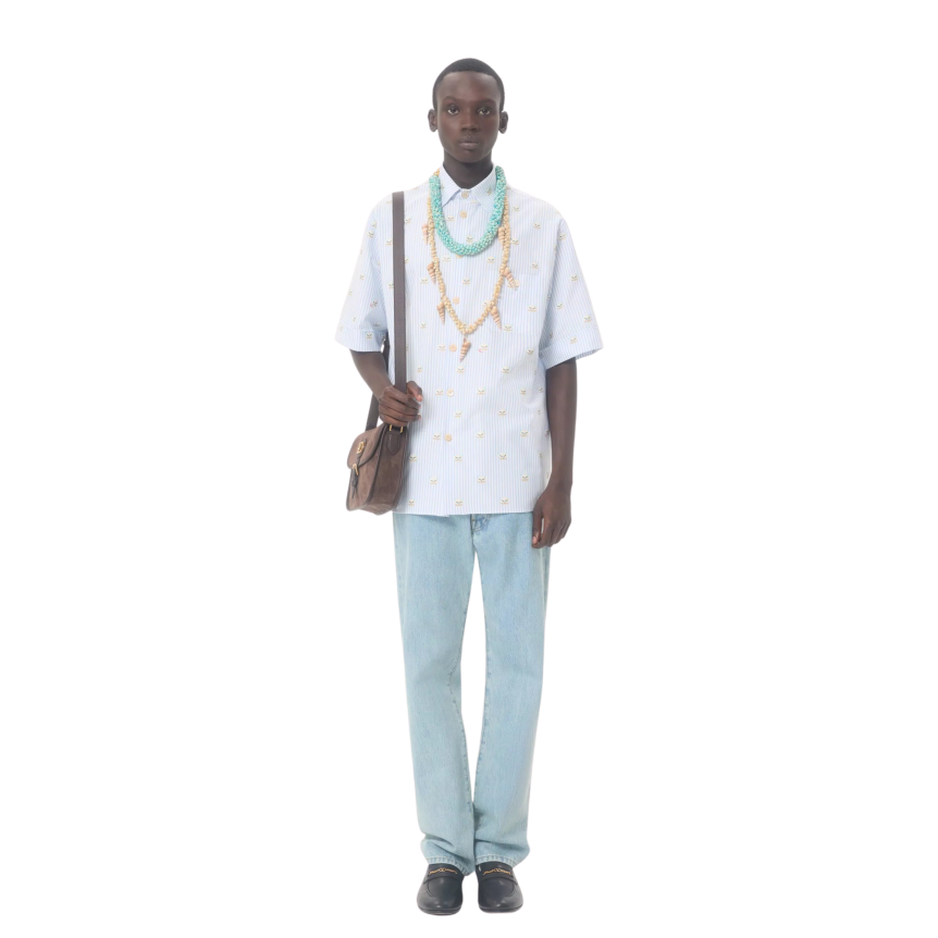 Chemise VALENTINO Oxford coton blanc rayure bleu ciel imprimé Le Chat De La Maison