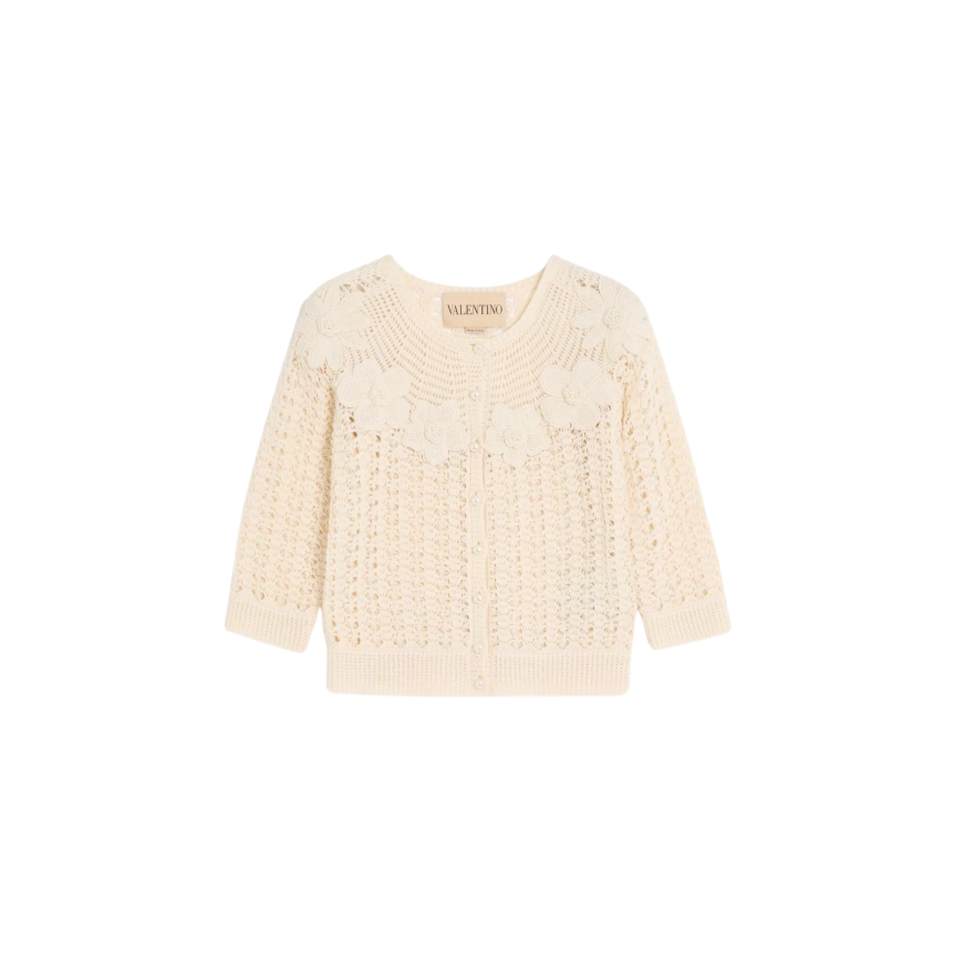 Cardigan VALENTINO col rond manche courte coton beige broderie fleurs crochet perles