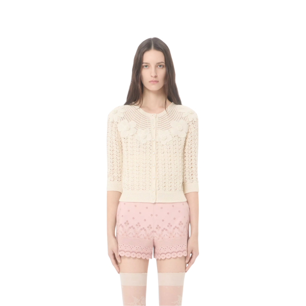 Cardigan VALENTINO col rond manche courte coton beige broderie fleurs crochet perles