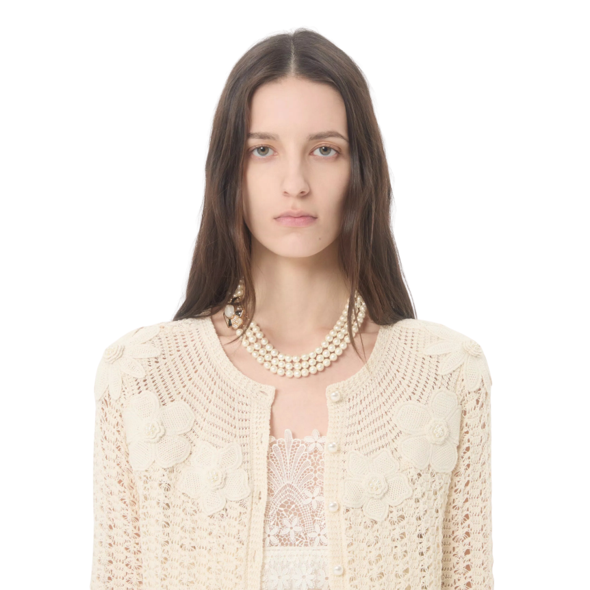 Cardigan VALENTINO col rond manche courte coton beige broderie fleurs crochet perles