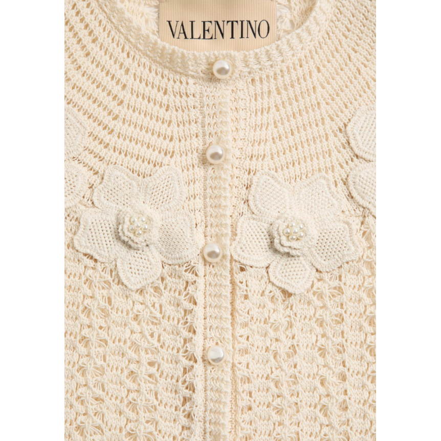 Cardigan VALENTINO col rond manche courte coton beige broderie fleurs crochet perles