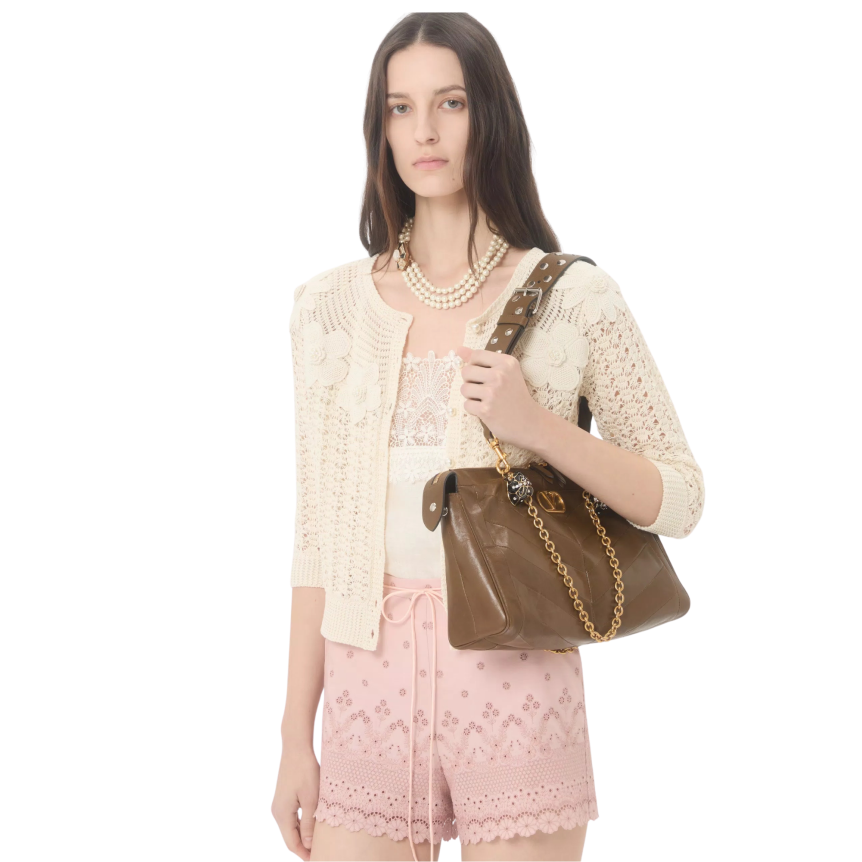 Cardigan VALENTINO col rond manche courte coton beige broderie fleurs crochet perles