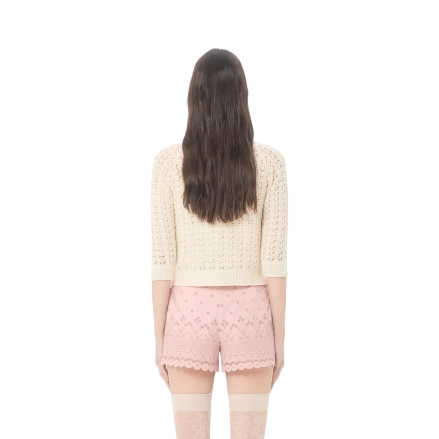 Cardigan VALENTINO col rond manche courte coton beige broderie fleurs crochet perles