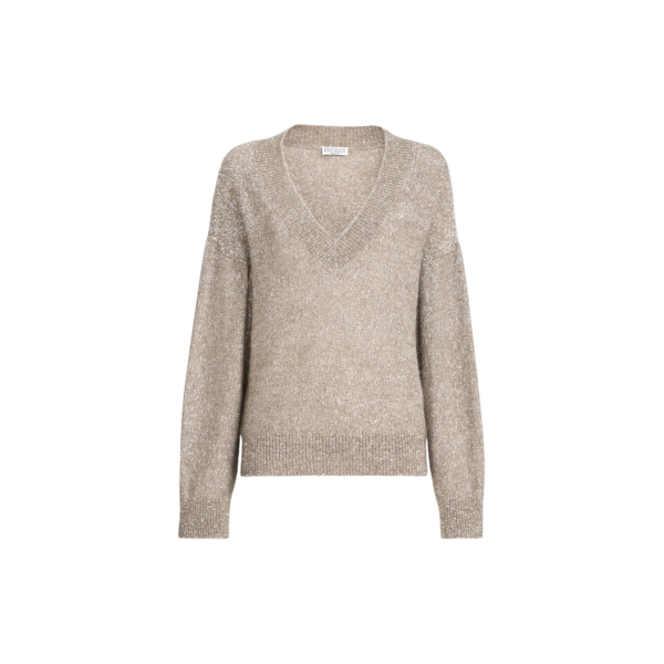 Pull col V BRUNELLO CUCINELLI laine vierge mohair beige effet brillant