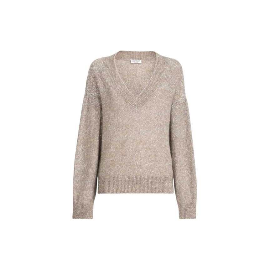 Pull col V BRUNELLO CUCINELLI laine vierge mohair beige effet brillant