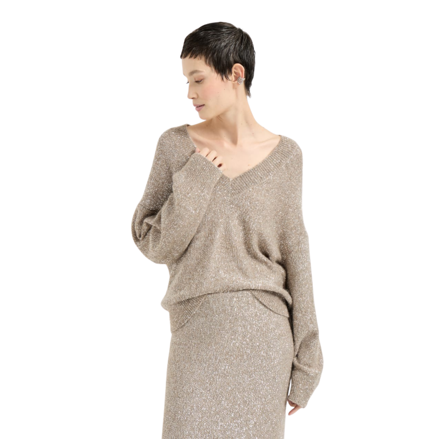 Pull col V BRUNELLO CUCINELLI laine vierge mohair beige effet brillant