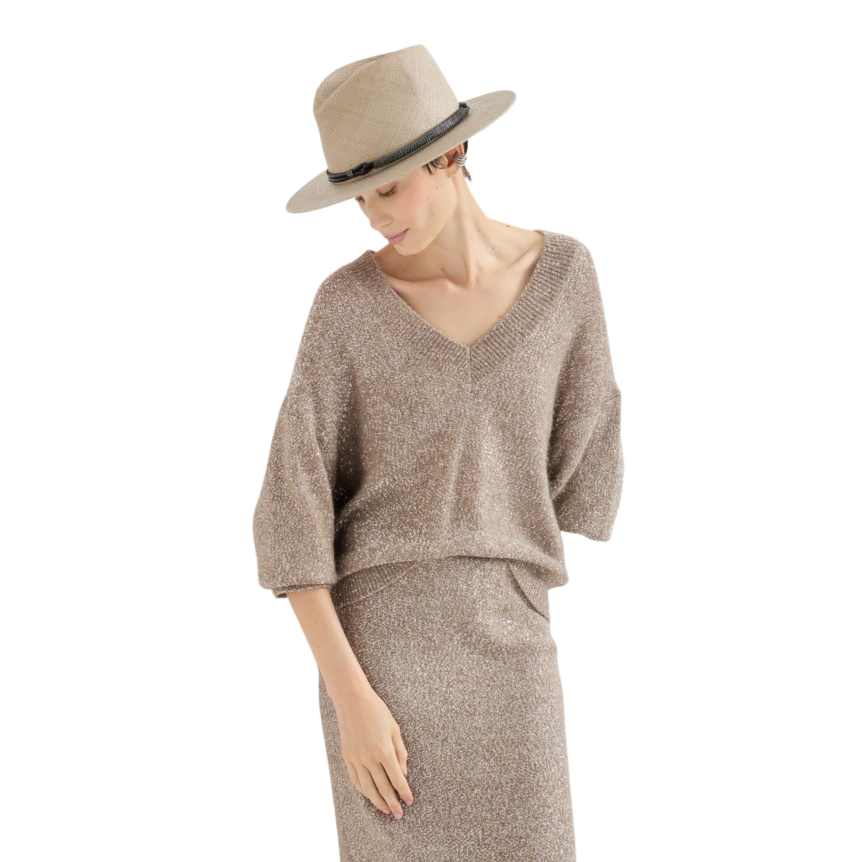 Pull col V BRUNELLO CUCINELLI laine vierge mohair beige effet brillant