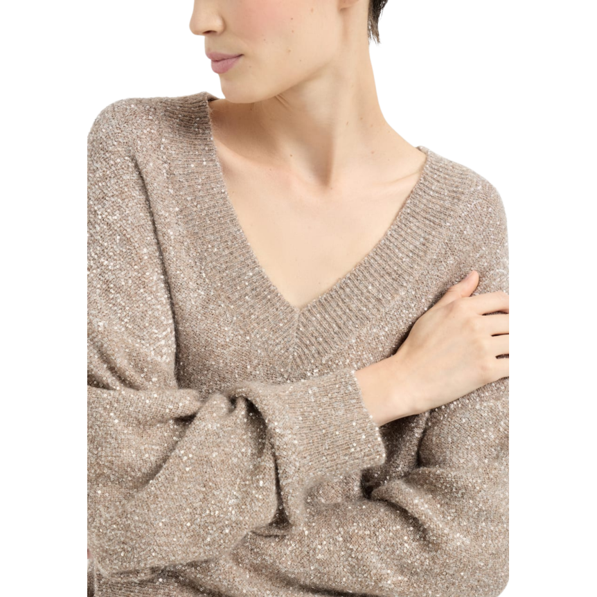 Pull col V BRUNELLO CUCINELLI laine vierge mohair beige effet brillant
