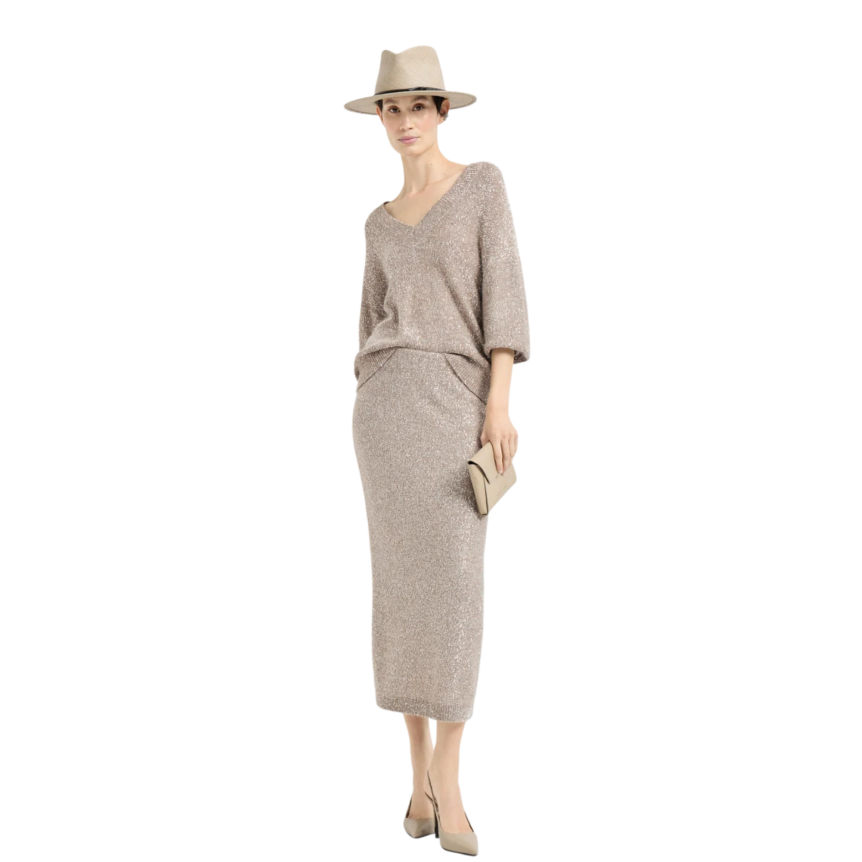 Pull col V BRUNELLO CUCINELLI laine vierge mohair beige effet brillant