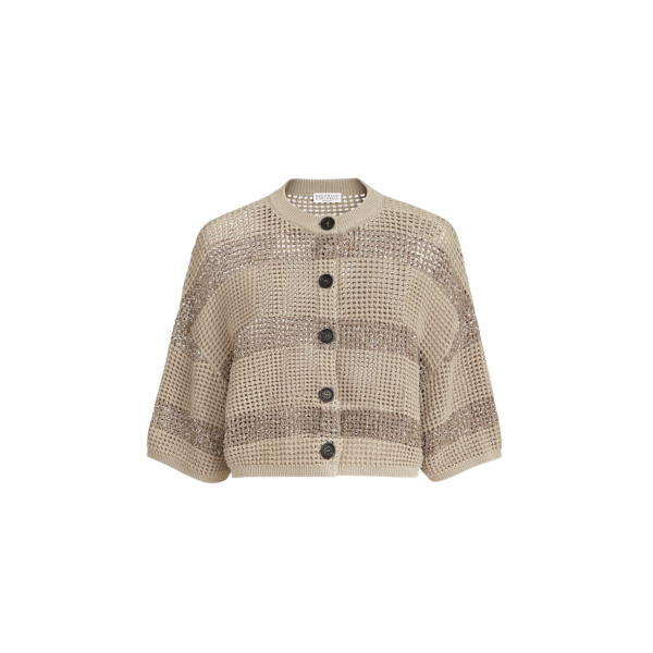 Cardigan col rond BRUNELLO CUCINELLI coton filet beige rayure broderie paillette doré