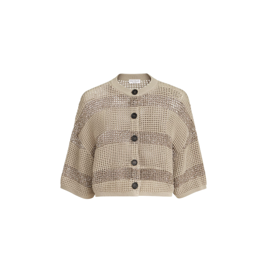 Cardigan col rond BRUNELLO CUCINELLI coton filet beige rayure broderie paillette doré