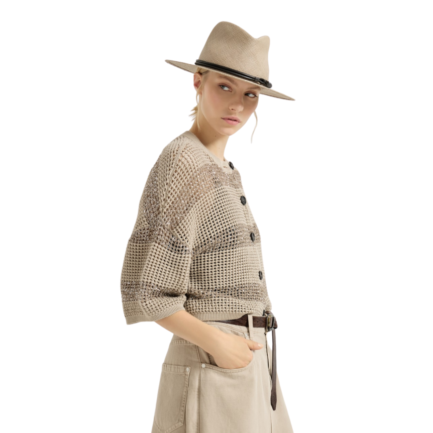 Cardigan col rond BRUNELLO CUCINELLI coton filet beige rayure broderie paillette doré