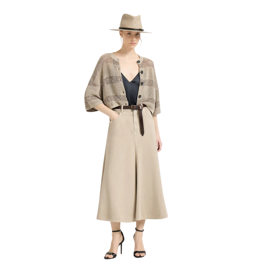 Cardigan col rond BRUNELLO CUCINELLI coton filet beige rayure broderie paillette doré