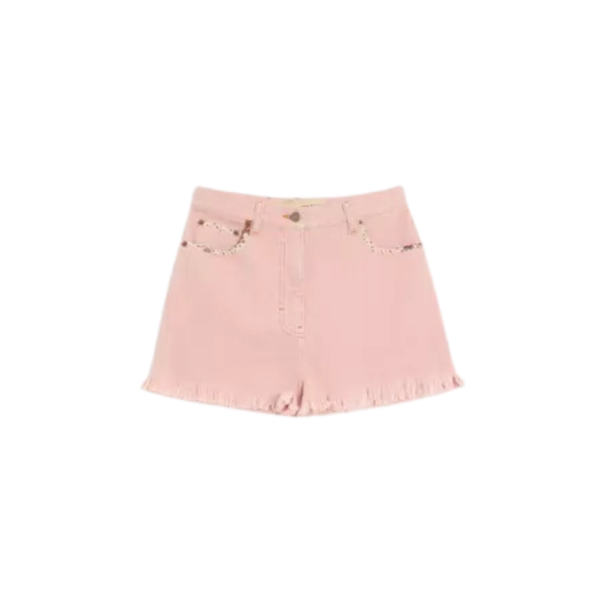 Short VALENTINO en denim coton rose ourlets effilochés poche fleurs Liberty