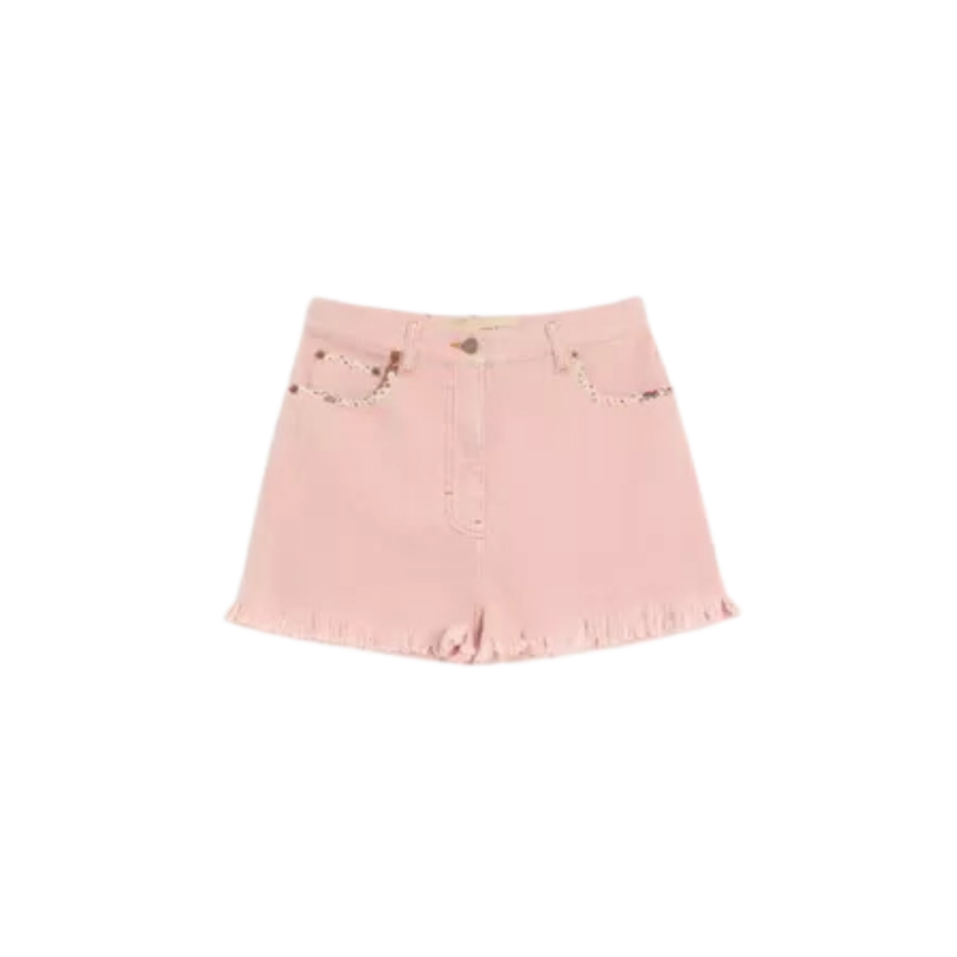 Short VALENTINO en denim coton rose ourlets effilochés poche fleurs Liberty