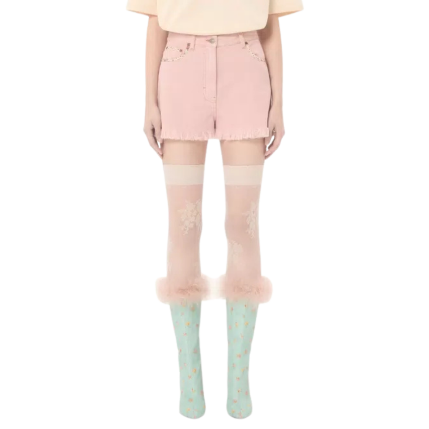 Short VALENTINO en denim coton rose ourlets effilochés poche fleurs Liberty