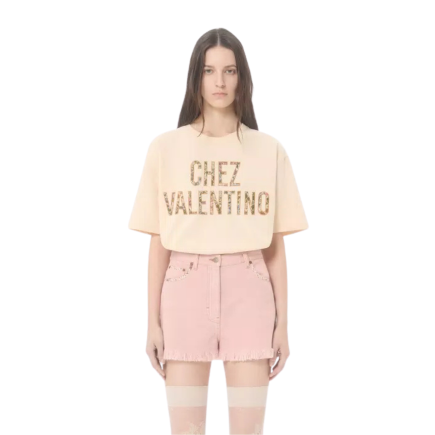 Short VALENTINO en denim coton rose ourlets effilochés poche fleurs Liberty