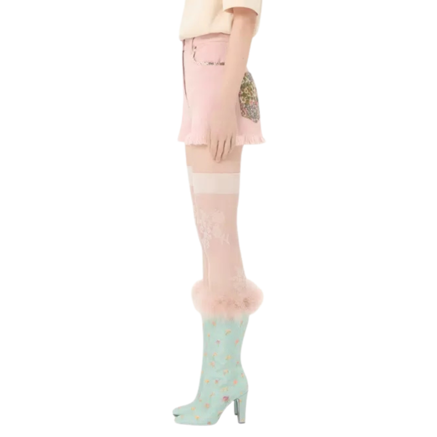 Short VALENTINO en denim coton rose ourlets effilochés poche fleurs Liberty