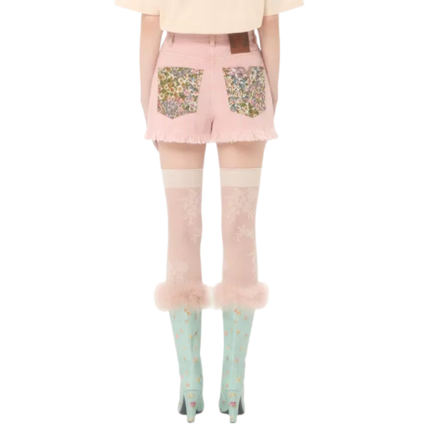 Short VALENTINO en denim coton rose ourlets effilochés poche fleurs Liberty