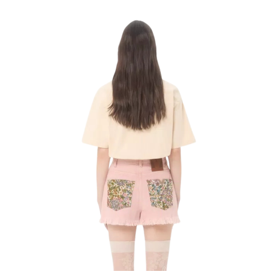 Short VALENTINO en denim coton rose ourlets effilochés poche fleurs Liberty